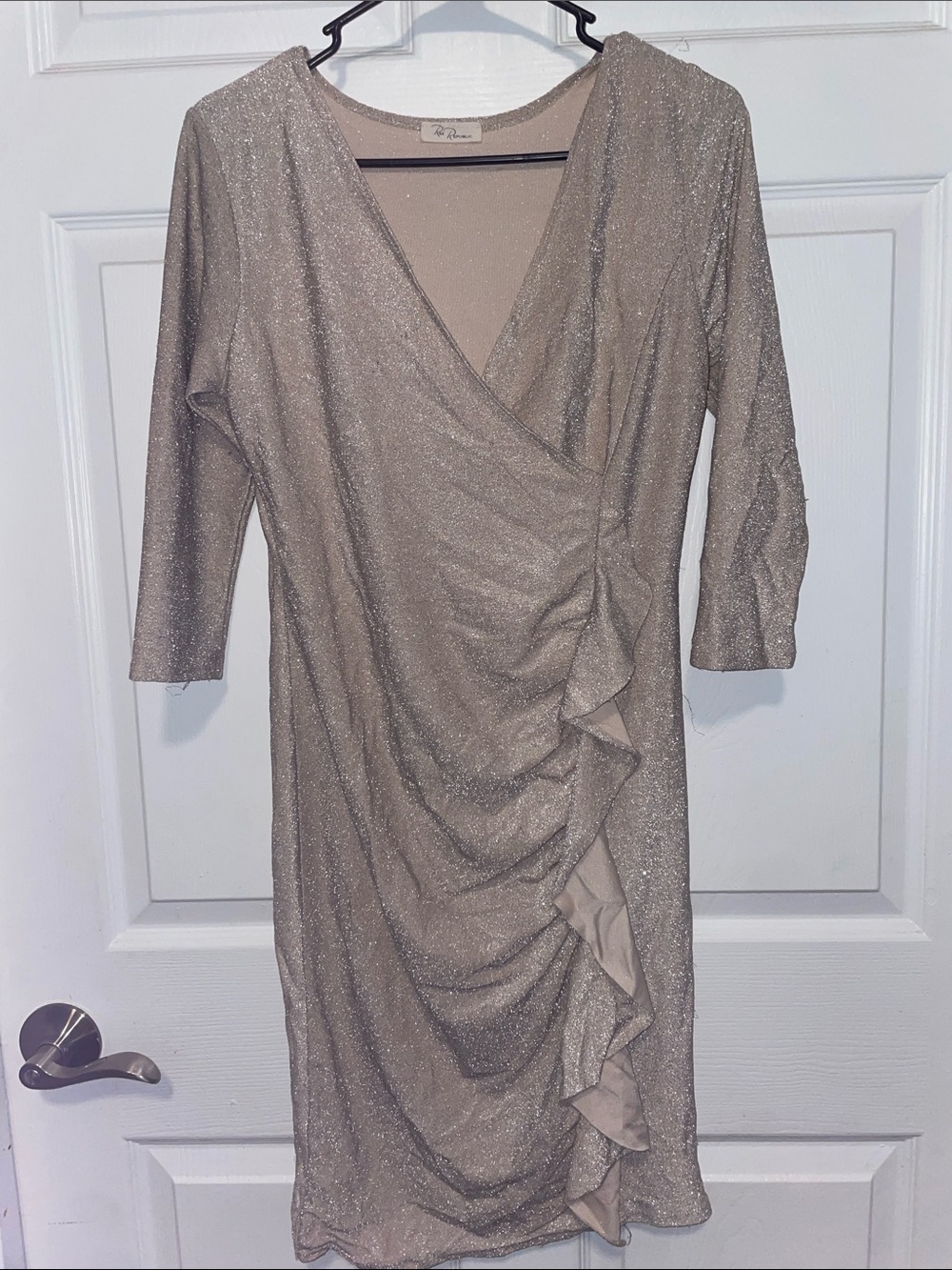 Shimmery Champagne Ruched Faux-Wrap Midi Dress